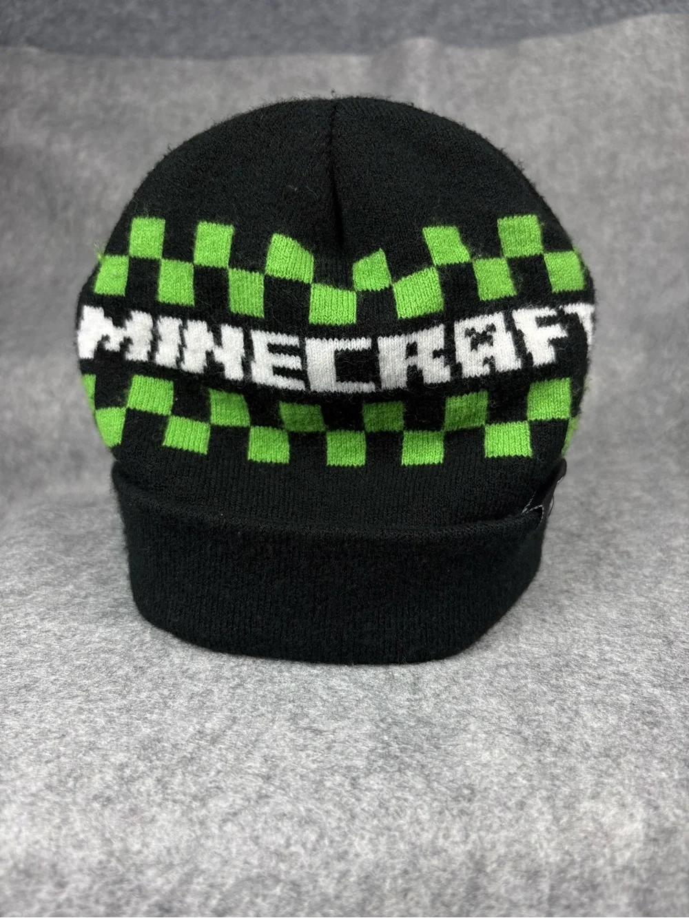 Official Minecraft Creeper Knit Beanie Green Black Checkerboard OSFM